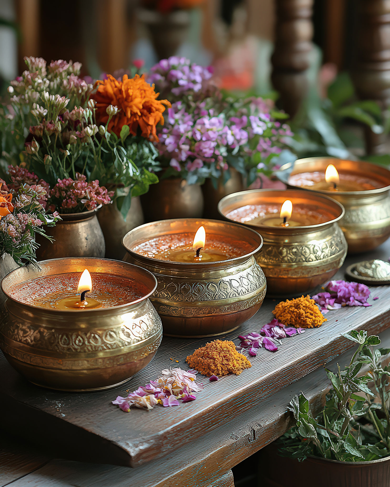 Heiliges Ritual-Setup mit Messing-Diya, Blumen und ayurvedischen Opfergaben