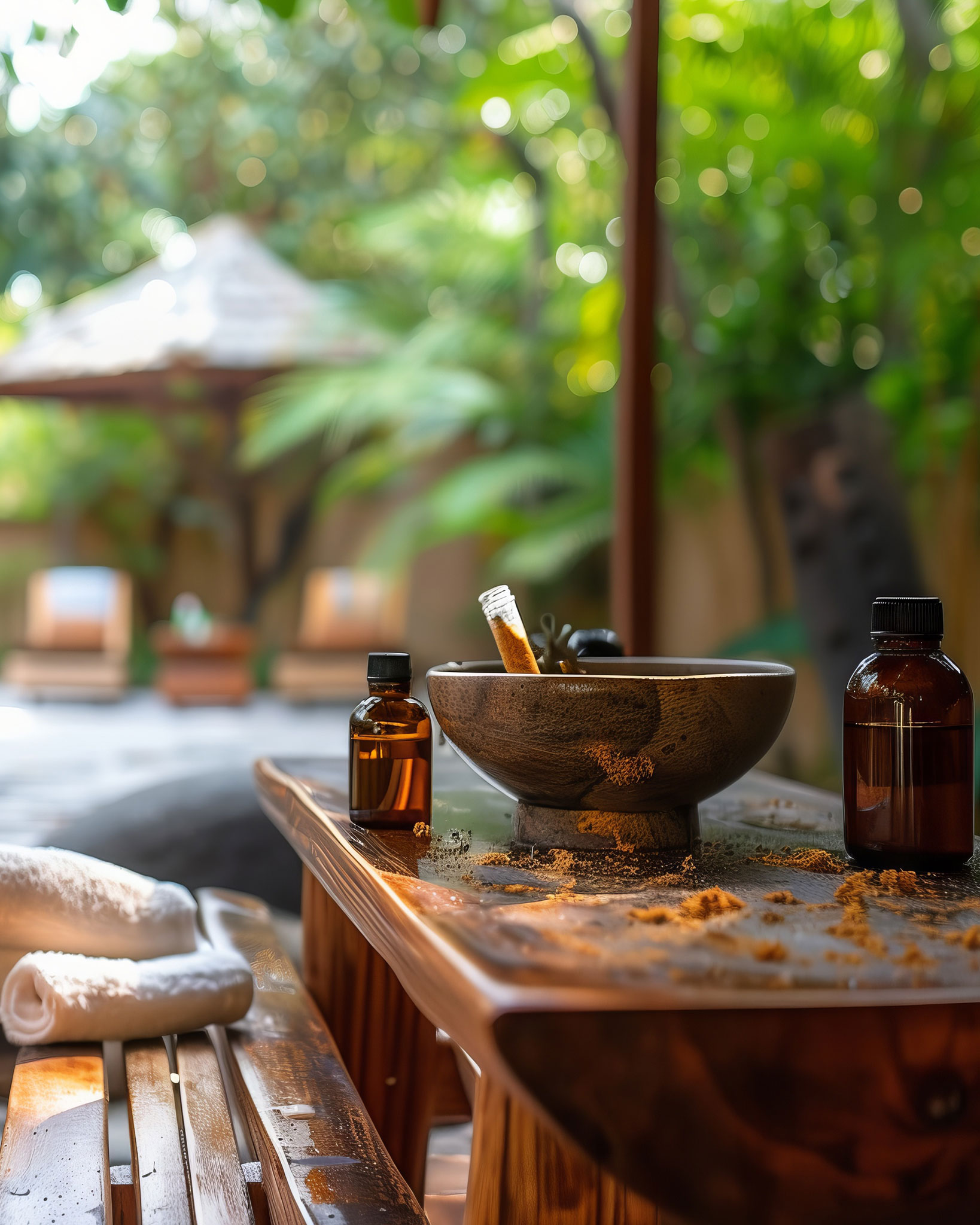 Ein ruhiges Spa im Freien mit einer Holzbank für ayurvedische Öle und Kräuterpackungen, ideal zur Regeneration.