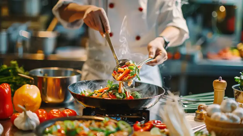 Koch kocht ayurvedisches Essen in der Pfanne