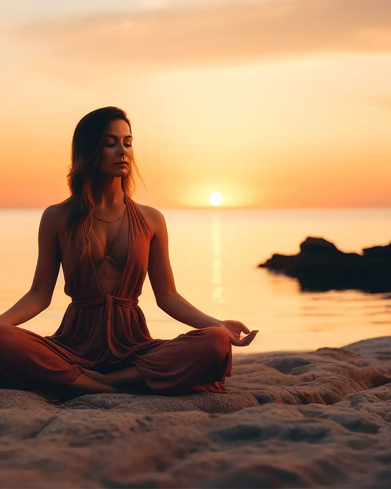 Junge Frau meditiert am Strand während des Sonnenuntergangs